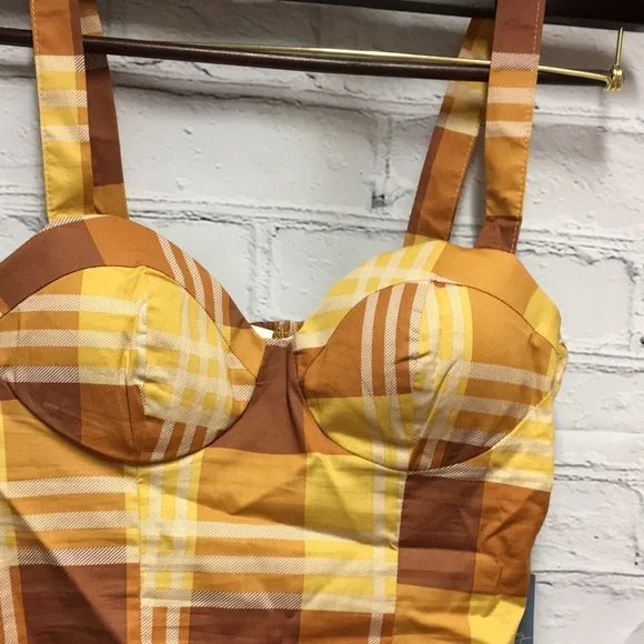 Plaid Vintage twine & string NY CORSET PLAID TOP padded  brown plaid size M - Picture 7 of 13